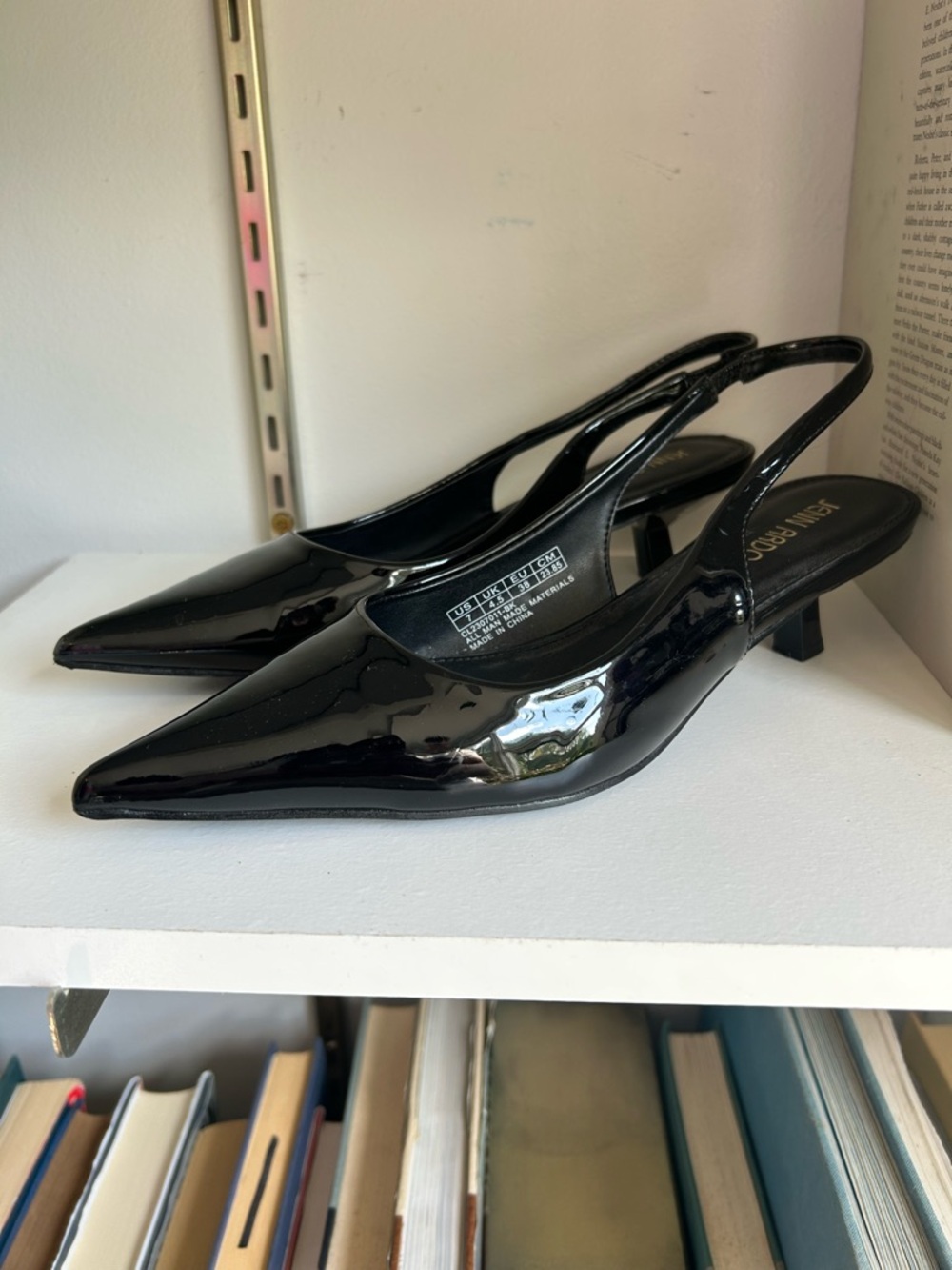 Jenn Ardor Black Patent Pointed Slingback Kitten Heels